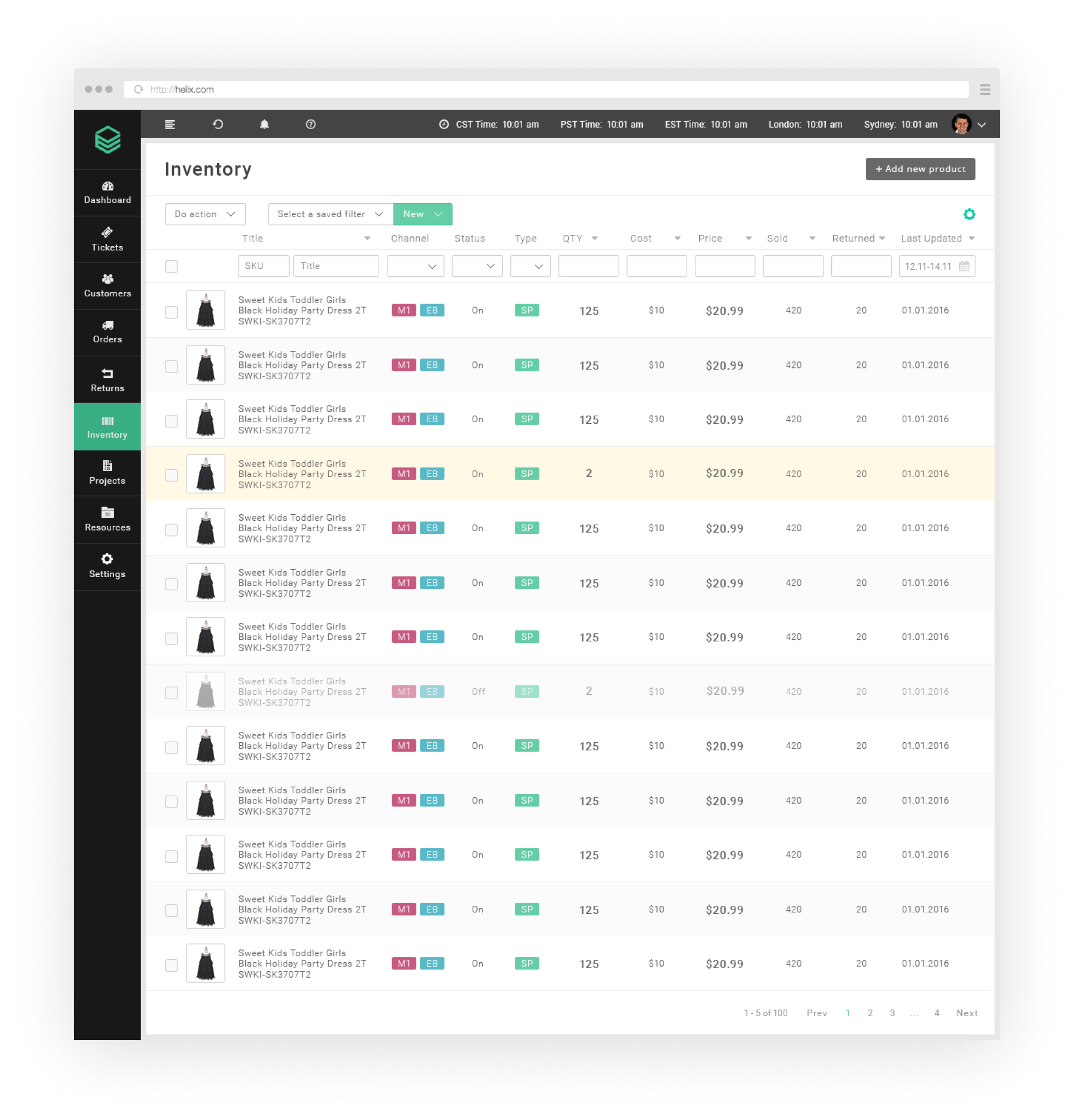 SaaS system Helix design Inventory page