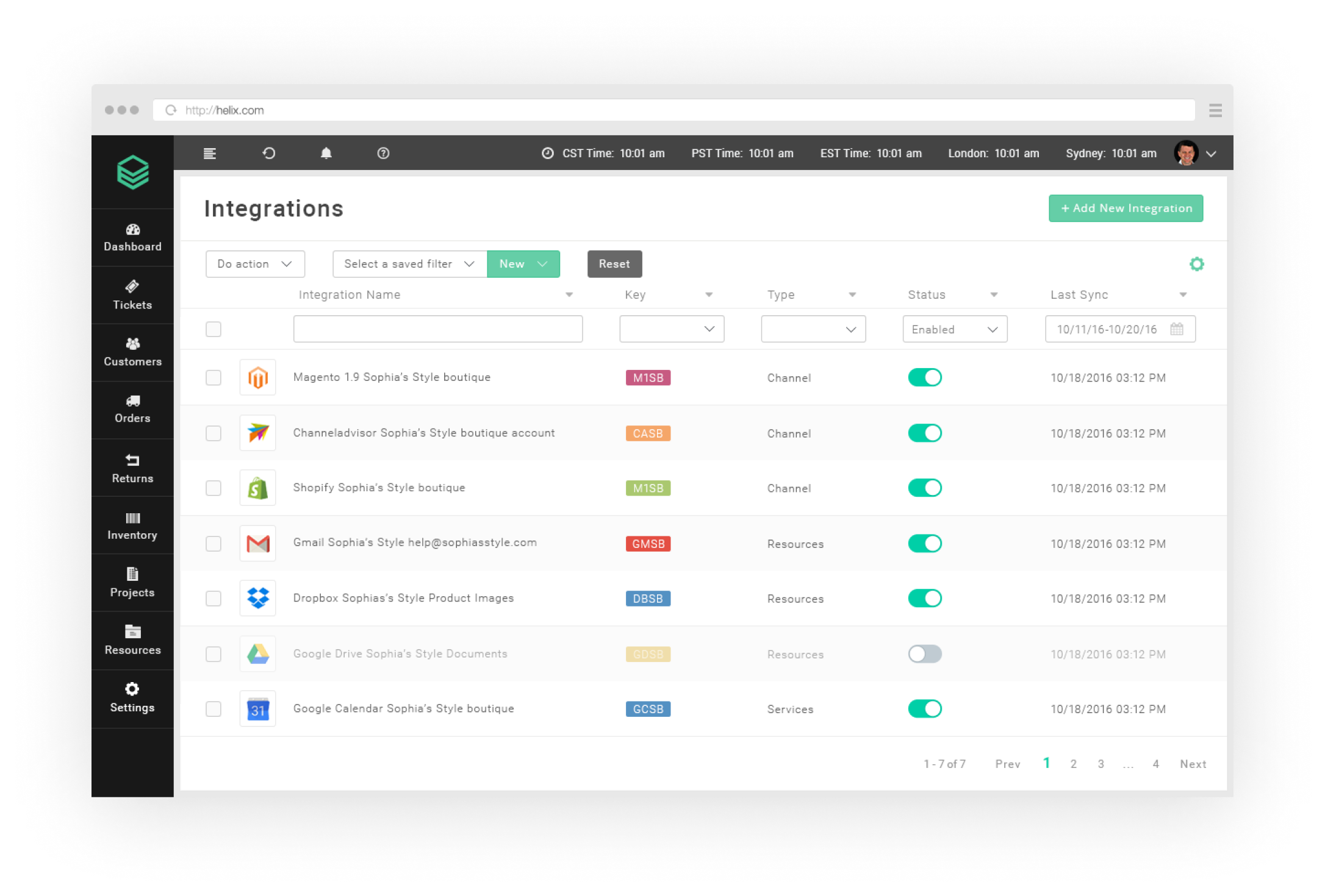 SaaS system Helix design Integrations page